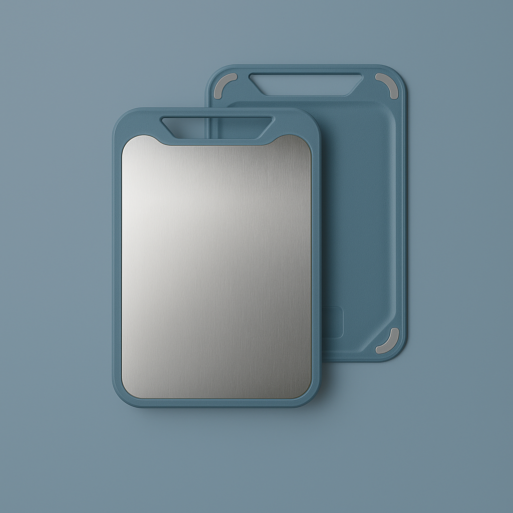 Beidseitiges Schneidebrett aus Edelstahl mit rutschfesten Silikonrändern