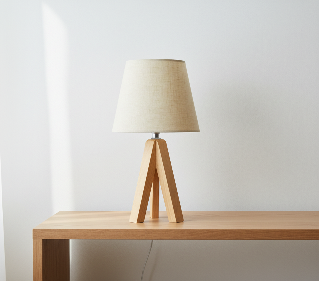 Minimalistische Holz-Tischlampe mit Stativfuß und USB-Anschluss
