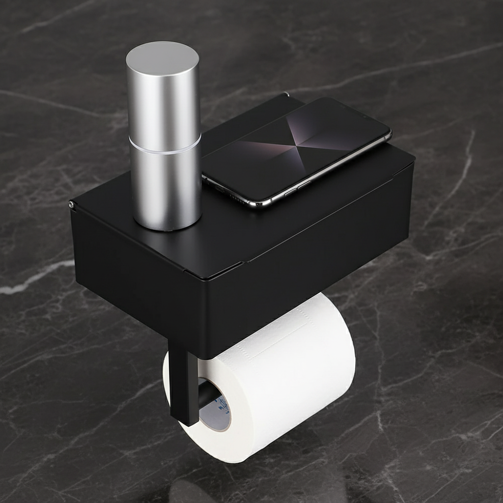 Schwarz 2-in-1 Toilettenpapierhalter mit Ablage und Aufbewahrungsbox