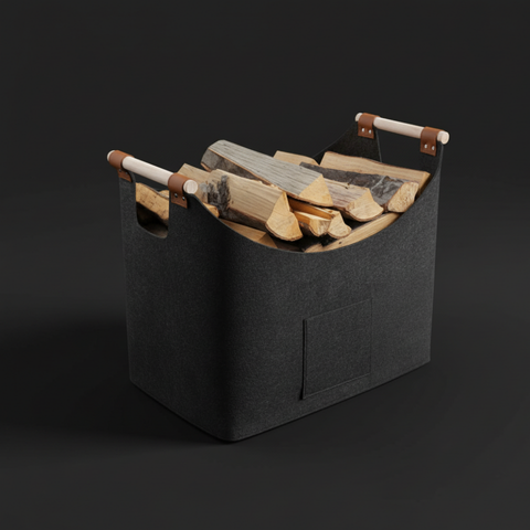Faltbarer Filz-Kaminholzkorb "FELDURA“ 55 L mit Holzgriffen & Lederdetails