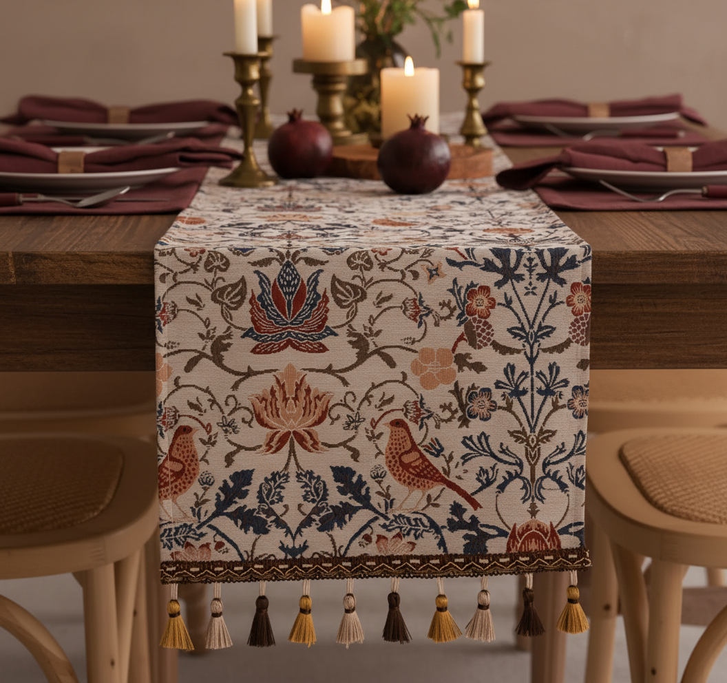 Jacquard-Tischläufer mit Vintage-Blumen- & Vogelmotiv