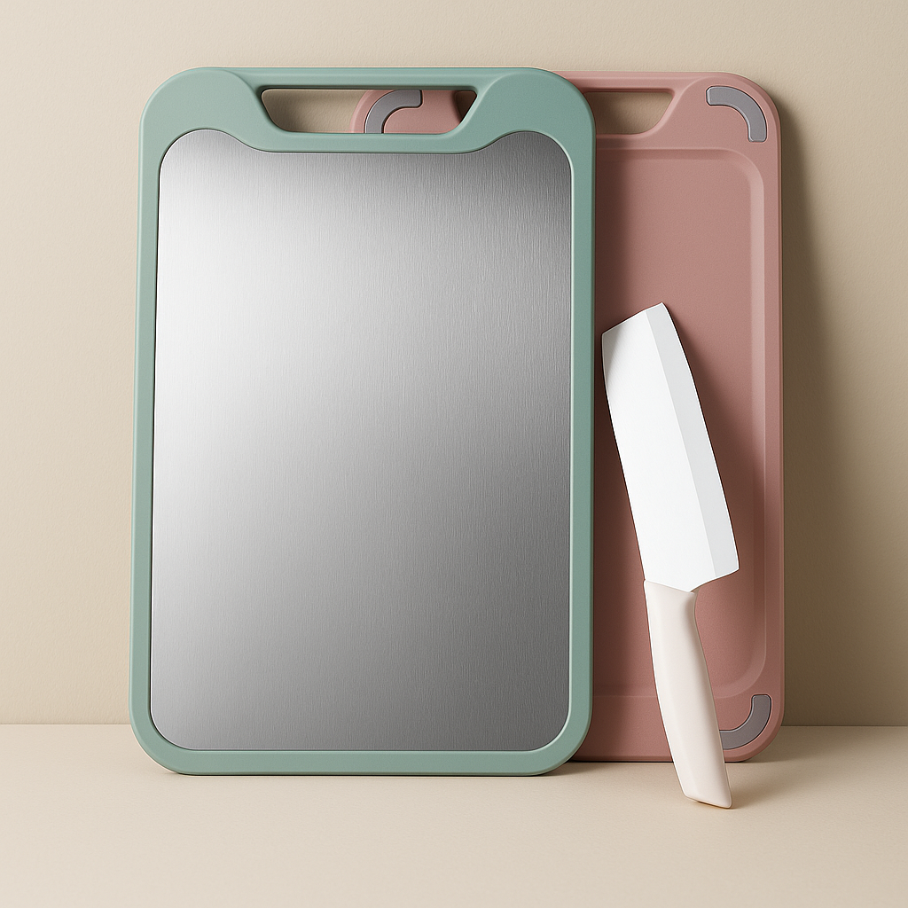 Beidseitiges Schneidebrett aus Edelstahl mit rutschfesten Silikonrändern