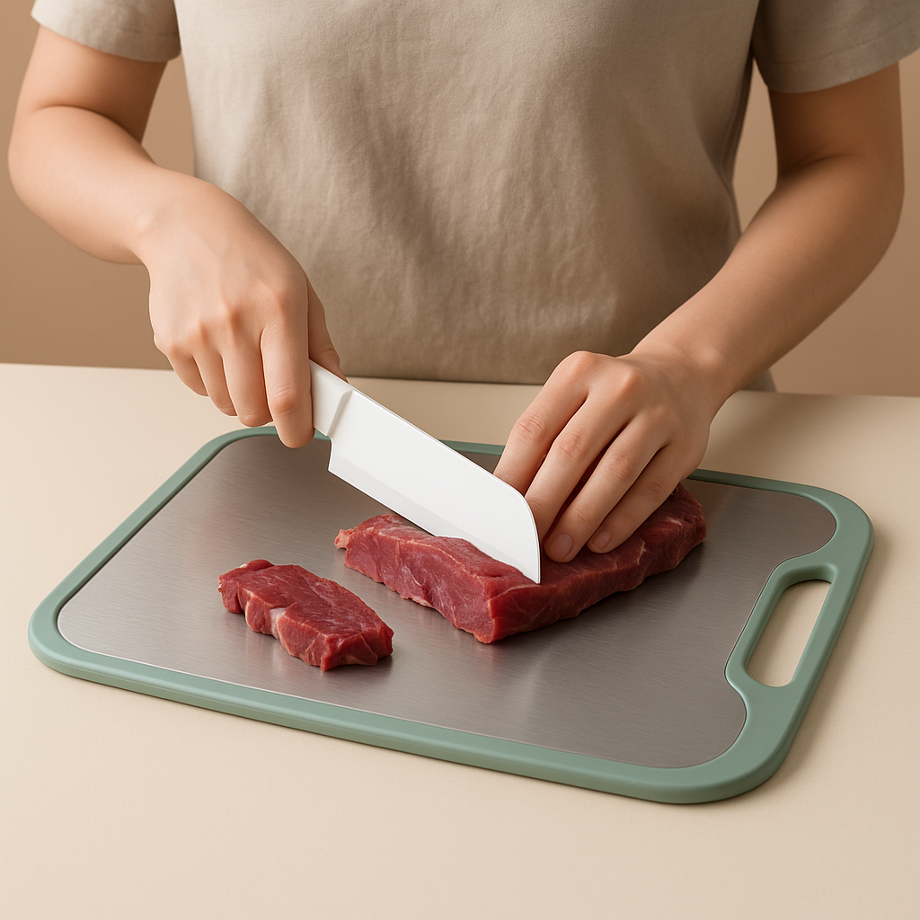 Beidseitiges Schneidebrett aus Edelstahl mit rutschfesten Silikonrändern