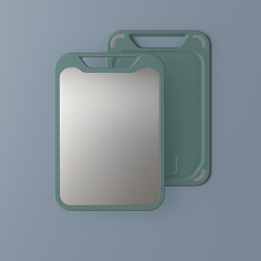 Beidseitiges Schneidebrett aus Edelstahl mit rutschfesten Silikonrändern