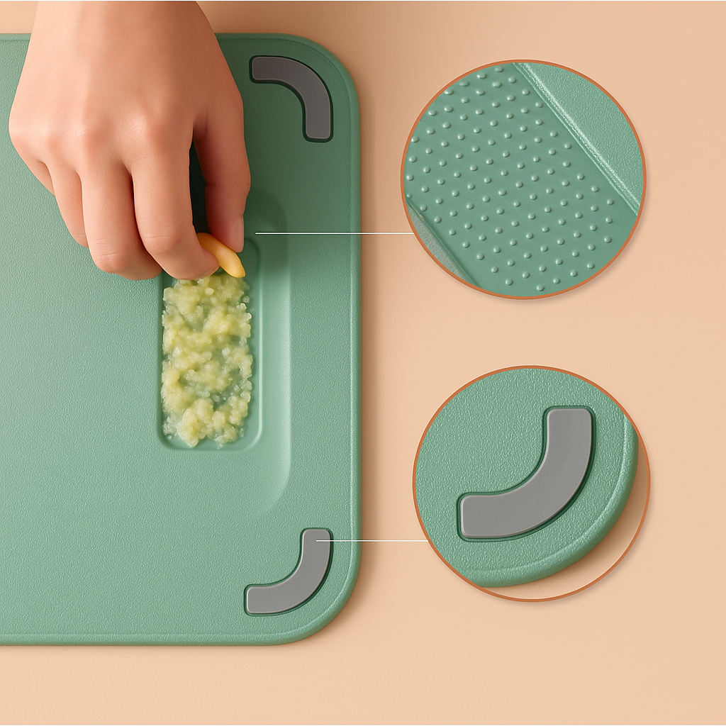 Beidseitiges Schneidebrett aus Edelstahl mit rutschfesten Silikonrändern