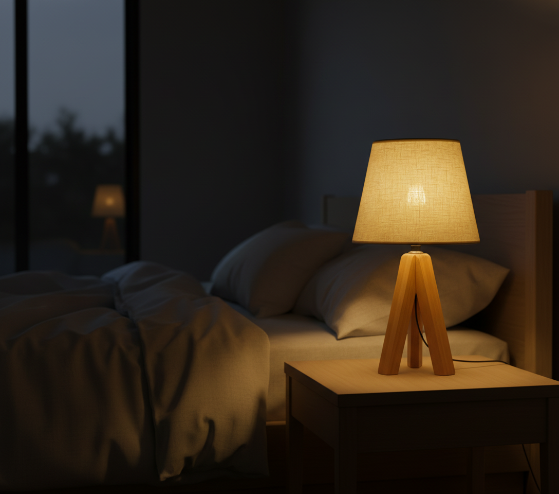 Minimalistische Holz-Tischlampe mit Stativfuß und USB-Anschluss