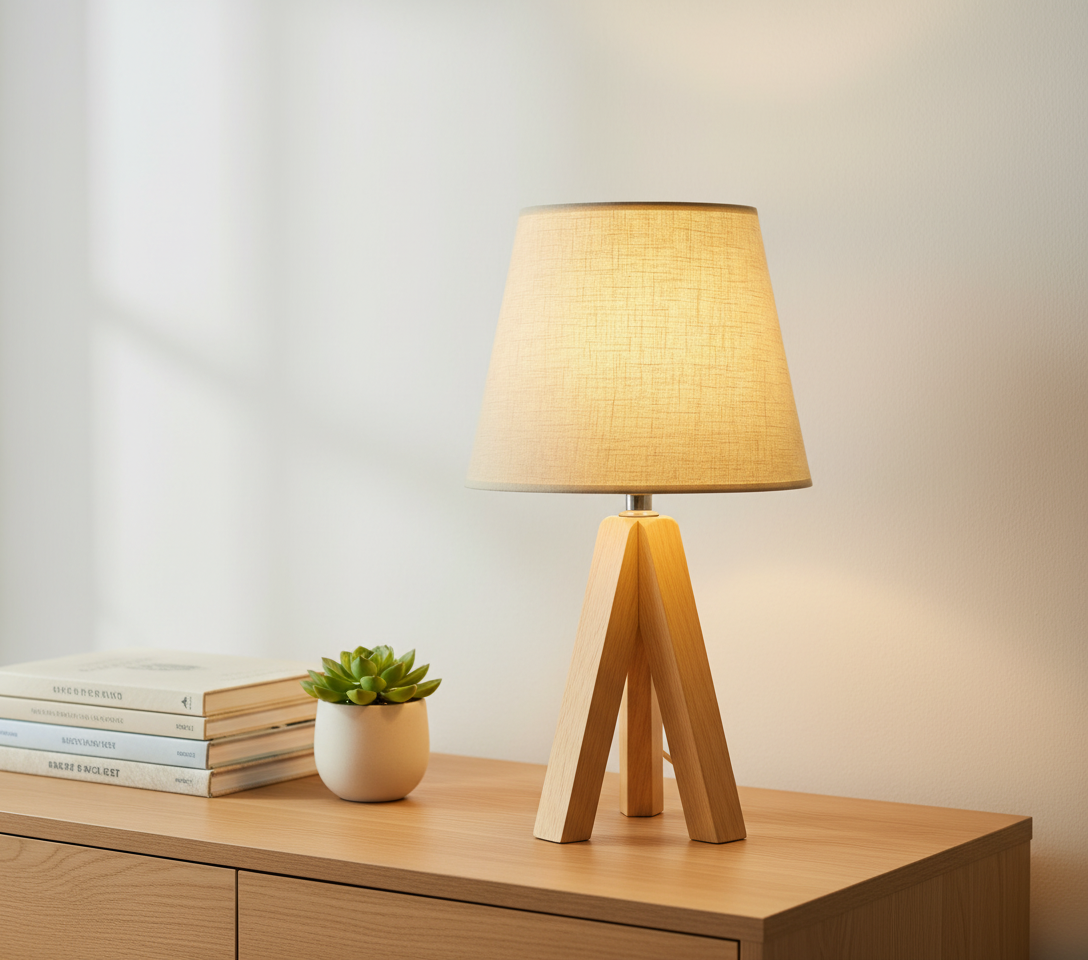 Minimalistische Holz-Tischlampe mit Stativfuß und USB-Anschluss