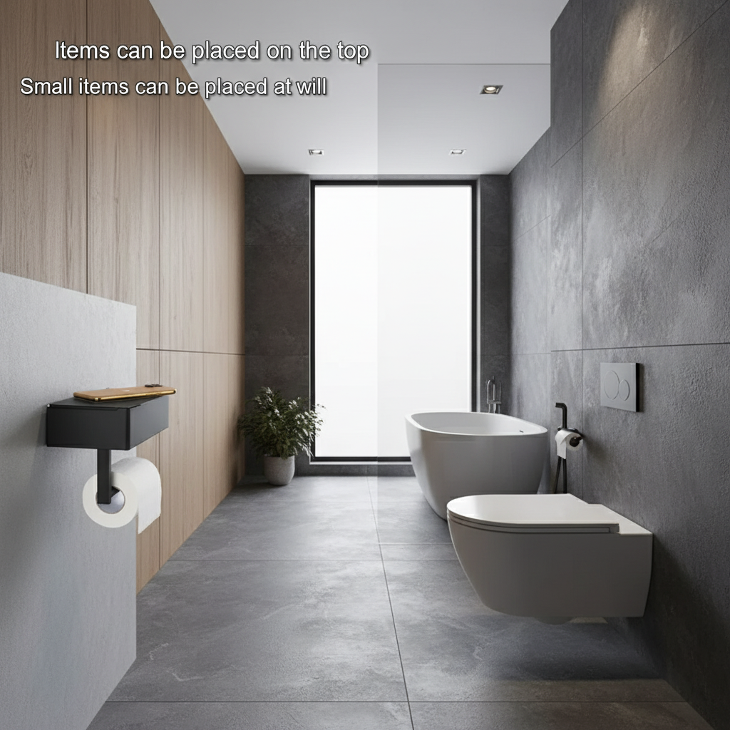 Schwarz 2-in-1 Toilettenpapierhalter mit Ablage und Aufbewahrungsbox