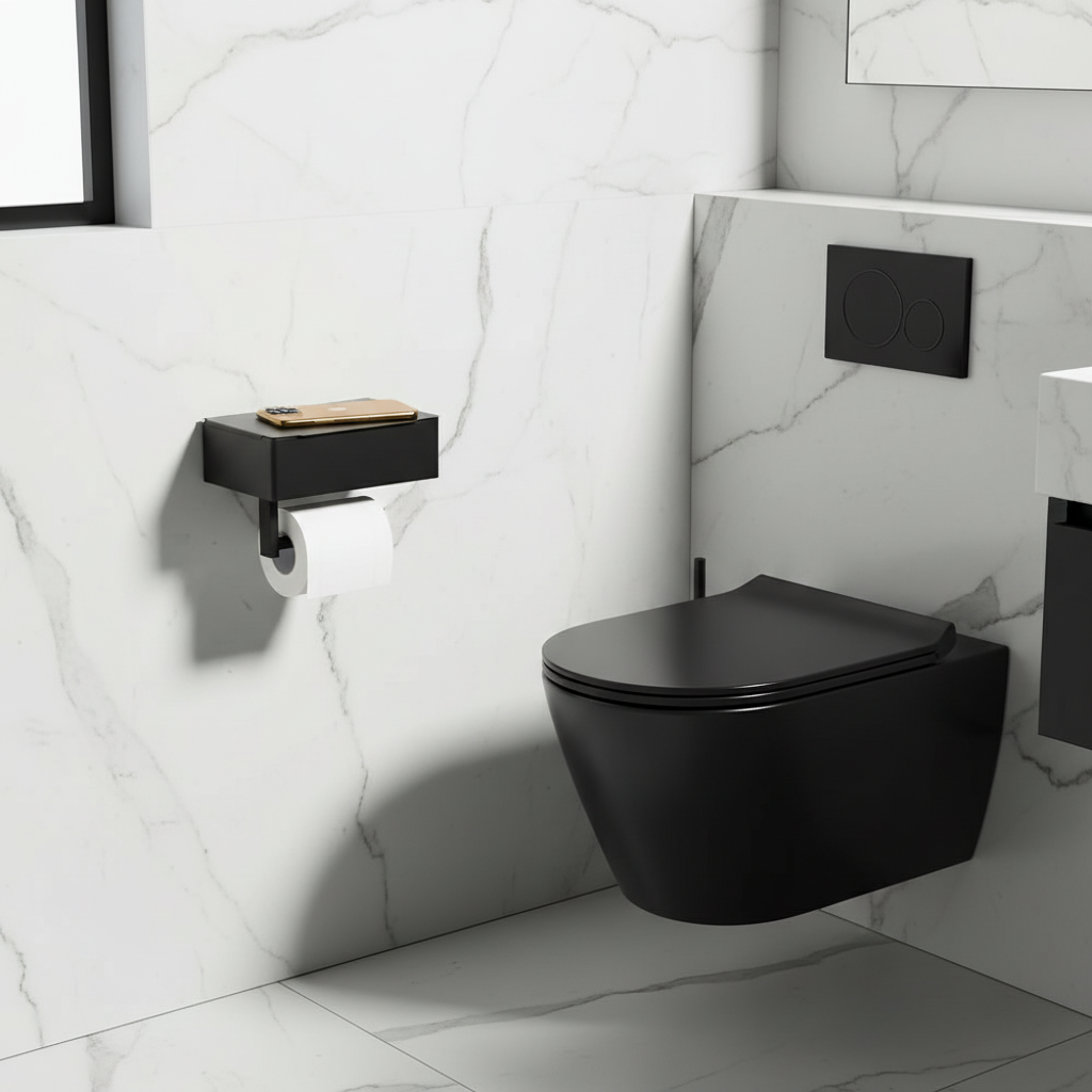 Schwarz 2-in-1 Toilettenpapierhalter mit Ablage und Aufbewahrungsbox