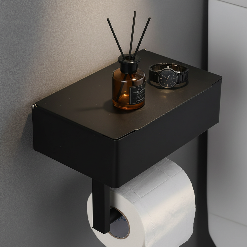 Schwarz 2-in-1 Toilettenpapierhalter mit Ablage und Aufbewahrungsbox