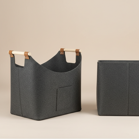 Faltbarer Filz-Kaminholzkorb "FELDURA“ 55 L mit Holzgriffen & Lederdetails