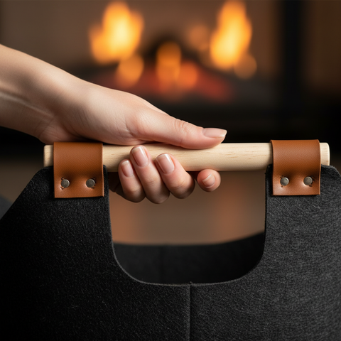 Faltbarer Filz-Kaminholzkorb "FELDURA“ 55 L mit Holzgriffen & Lederdetails
