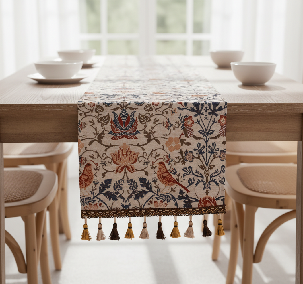 Jacquard-Tischläufer mit Vintage-Blumen- & Vogelmotiv