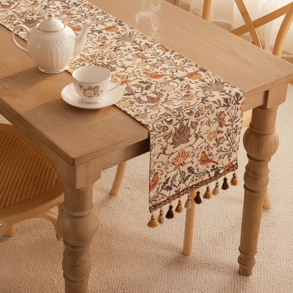 Jacquard-Tischläufer mit Vintage-Blumen- & Vogelmotiv