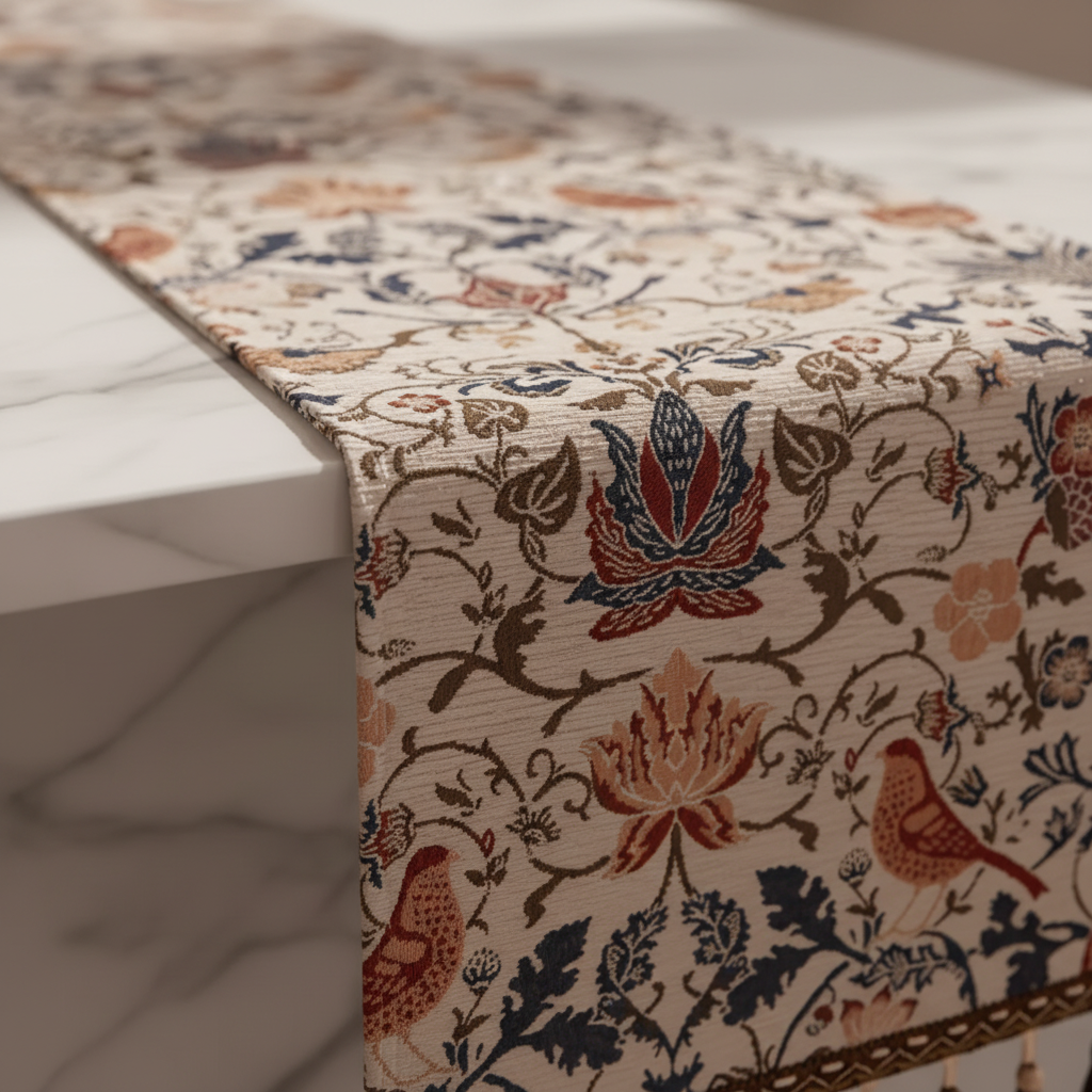 Jacquard-Tischläufer mit Vintage-Blumen- & Vogelmotiv