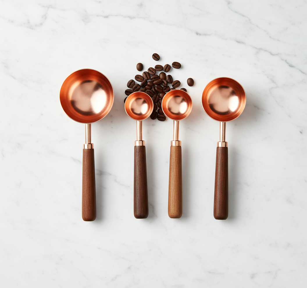 Kupferbeschichtetes Messbecher- und Löffelset aus Edelstahl