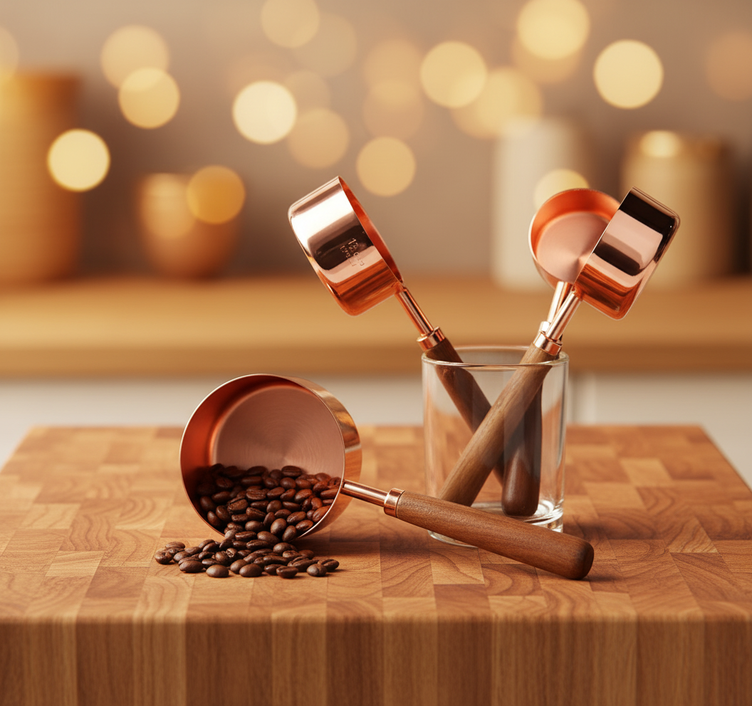 Kupferbeschichtetes Messbecher- und Löffelset aus Edelstahl