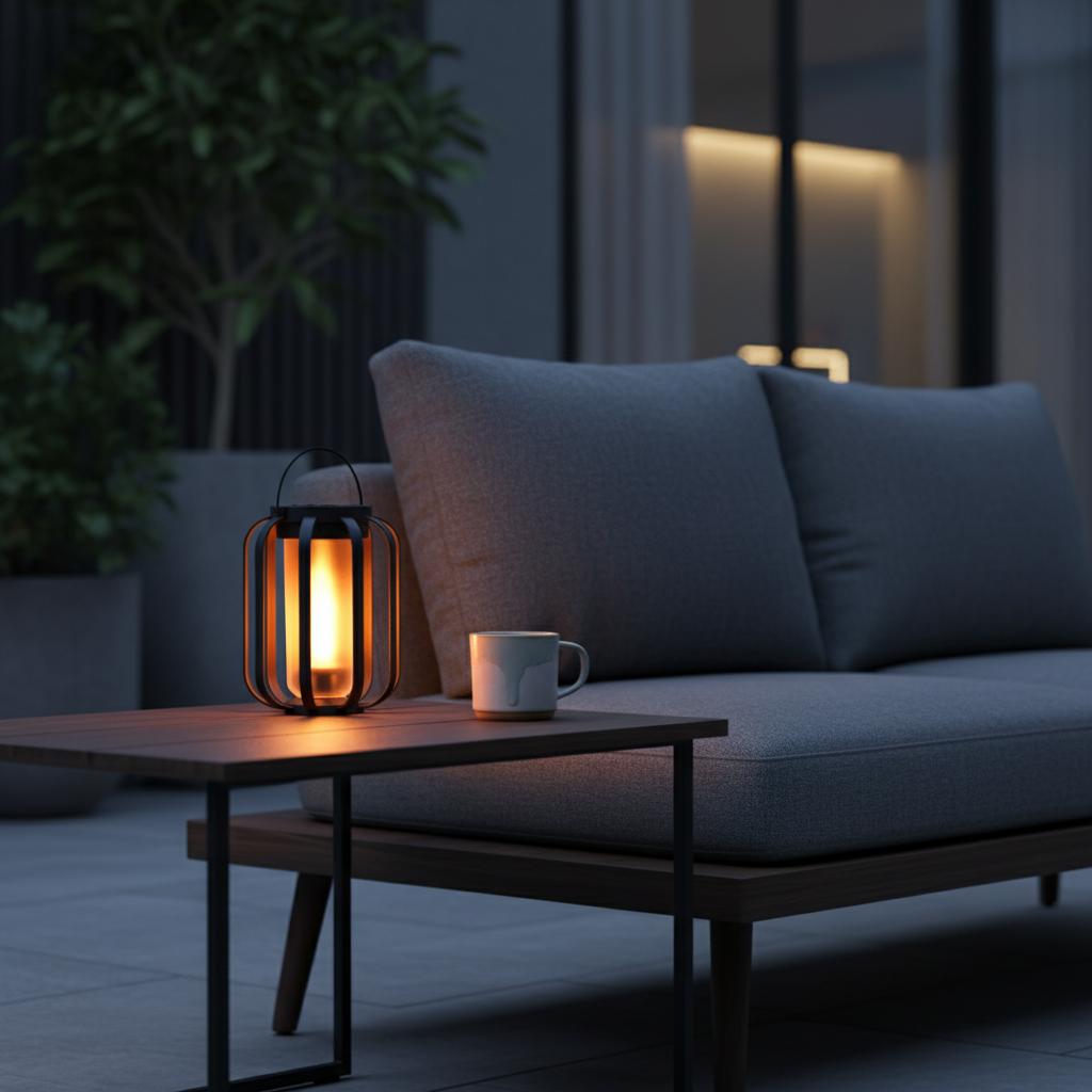 Schwarze Solar‑LED‑Laterne mit Flammeneffekt – Außenleuchte