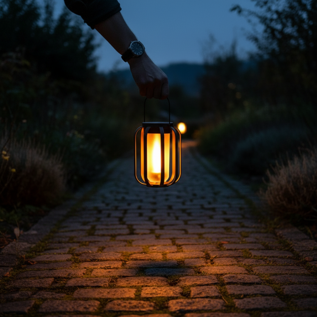 Schwarze Solar‑LED‑Laterne mit Flammeneffekt – Außenleuchte